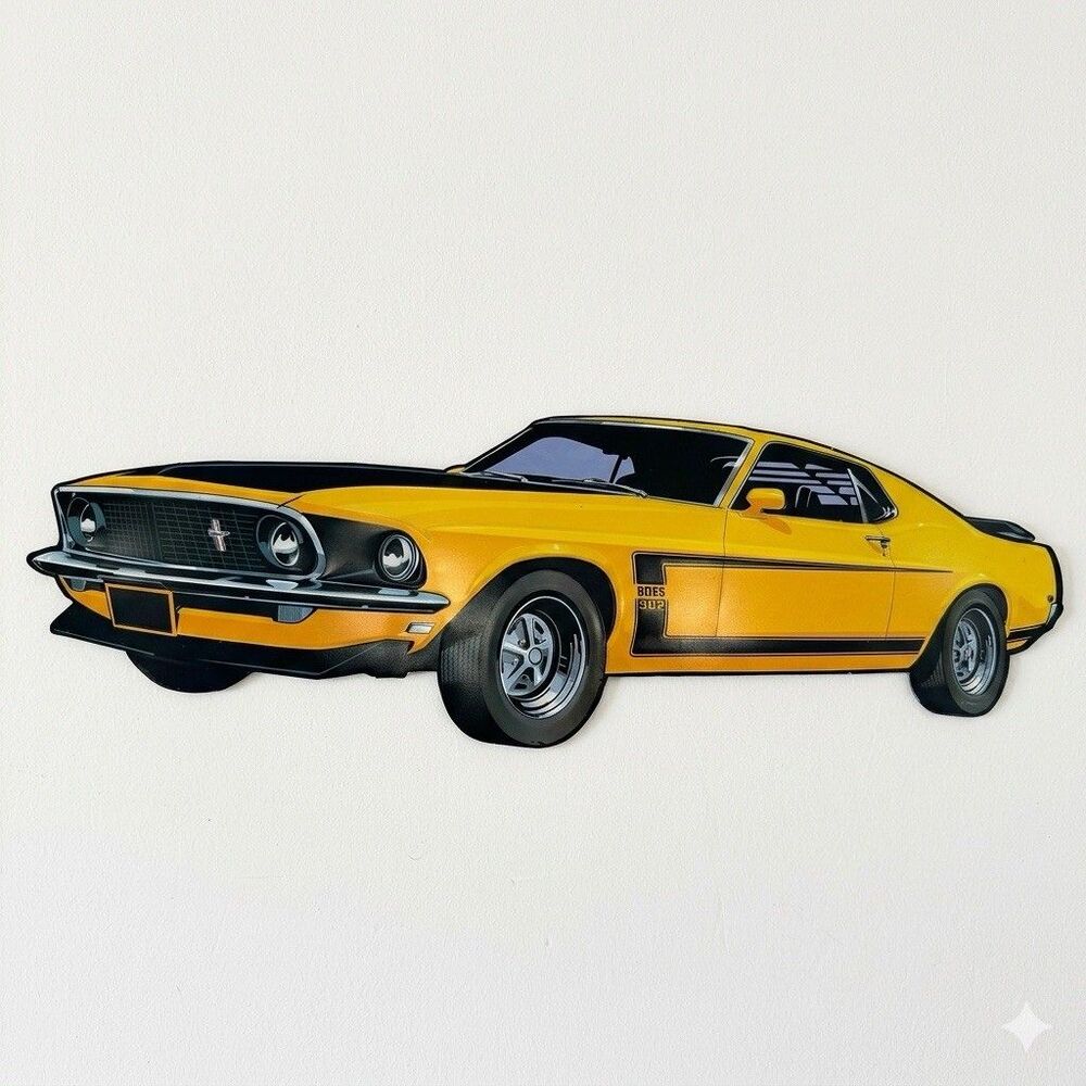 1970 Ford Yellow Mustang Boss 302 Fastback Metal Sign Embossed Car Shape 21"
